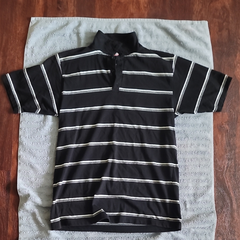 Split Black and White Striped Polo Shirt